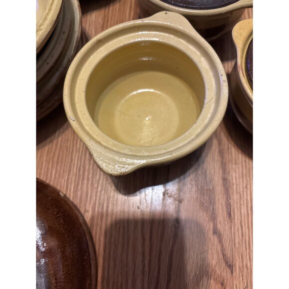 Rare Set Of Vtg Artisan crocks & Plates Brown & tan drip Clay MCM Pull Handles - Picture 10 of 11